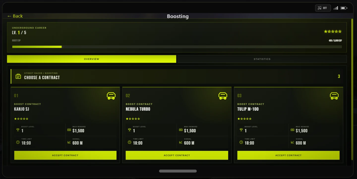 Boosting overview screen.