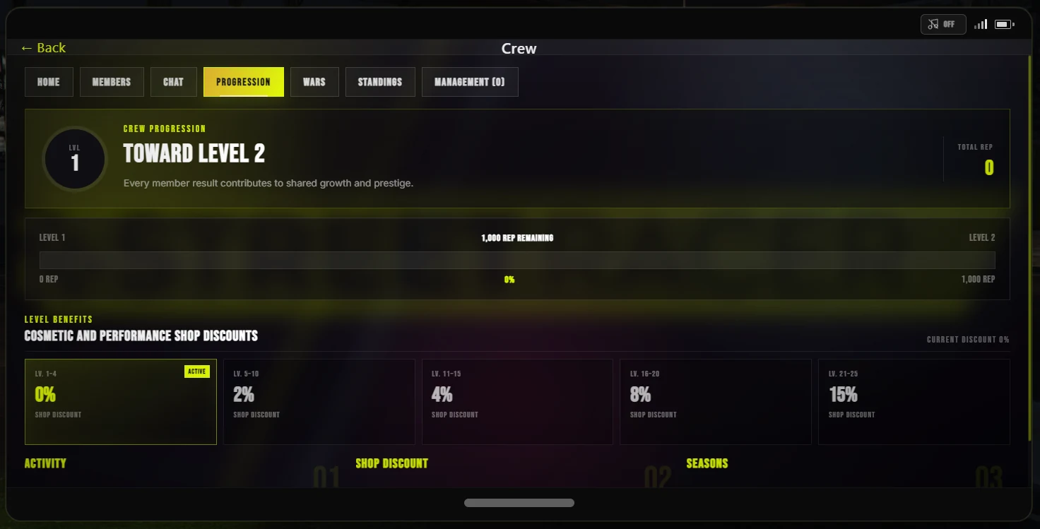Schermata reale della progressione Crew con livelli, REP e sconti officina.