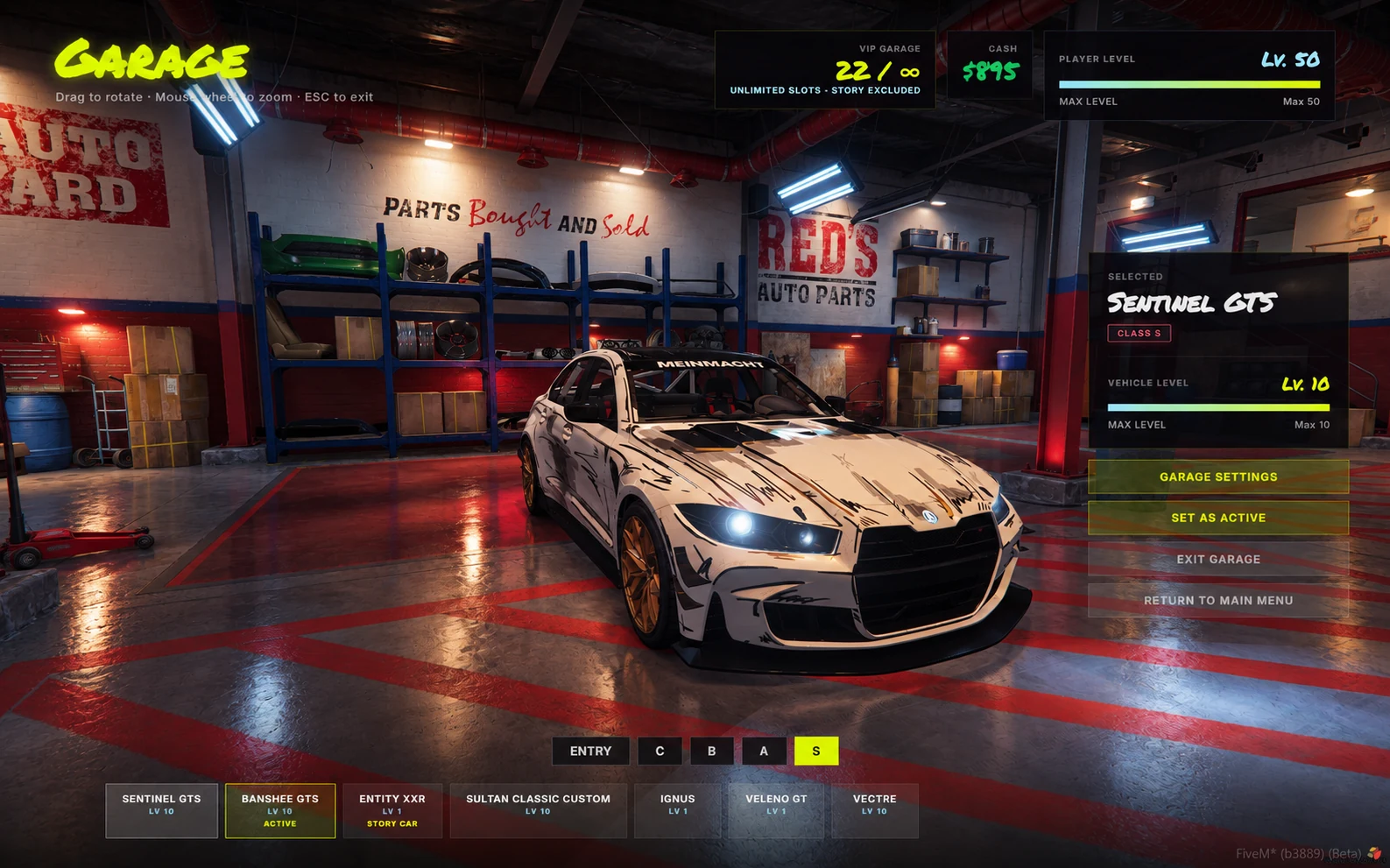Una Sentinel GTS nel garage di Street Racer, con l’interfaccia di selezione e gestione della vettura.