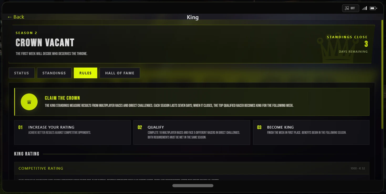 Schermata reale del sistema King con regole, classifica e stagione.