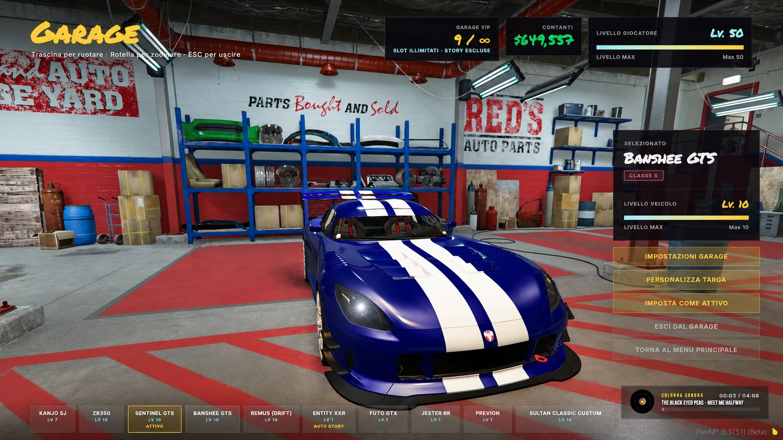 Garage VIP reale di Street Racer con slot illimitati e personalizzazione targa.