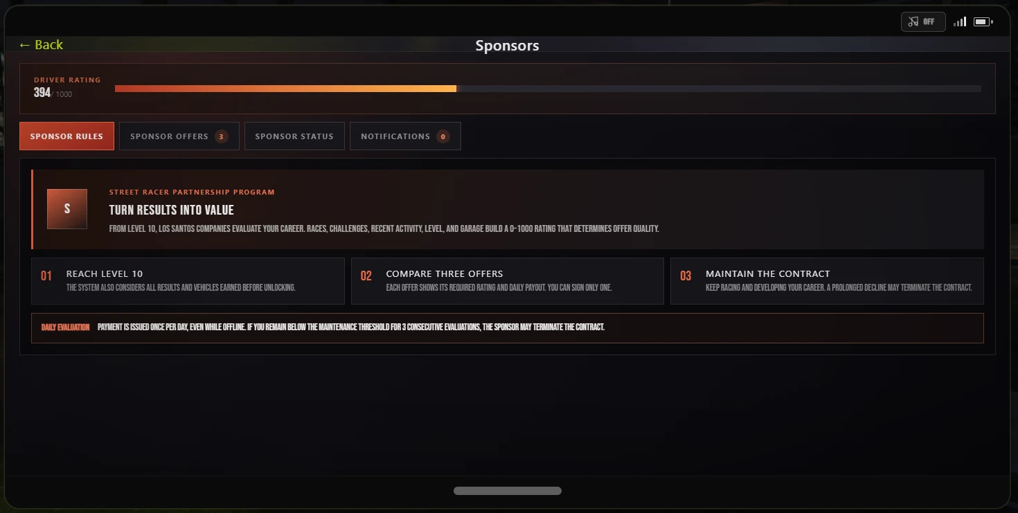 Schermata reale delle offerte Sponsor di Street Racer.