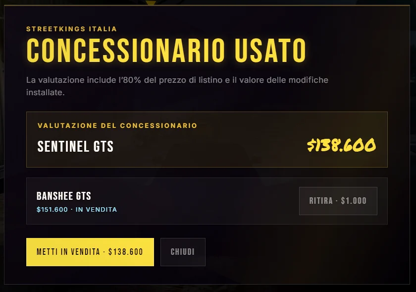 Schermata reale del concessionario usato di Street Racer con la valutazione e la messa in vendita di una vettura.